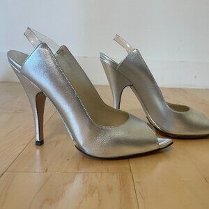 Vintage Metallic Silver Gucci Open Toe Sling Back Heels, Size 6.5 $285